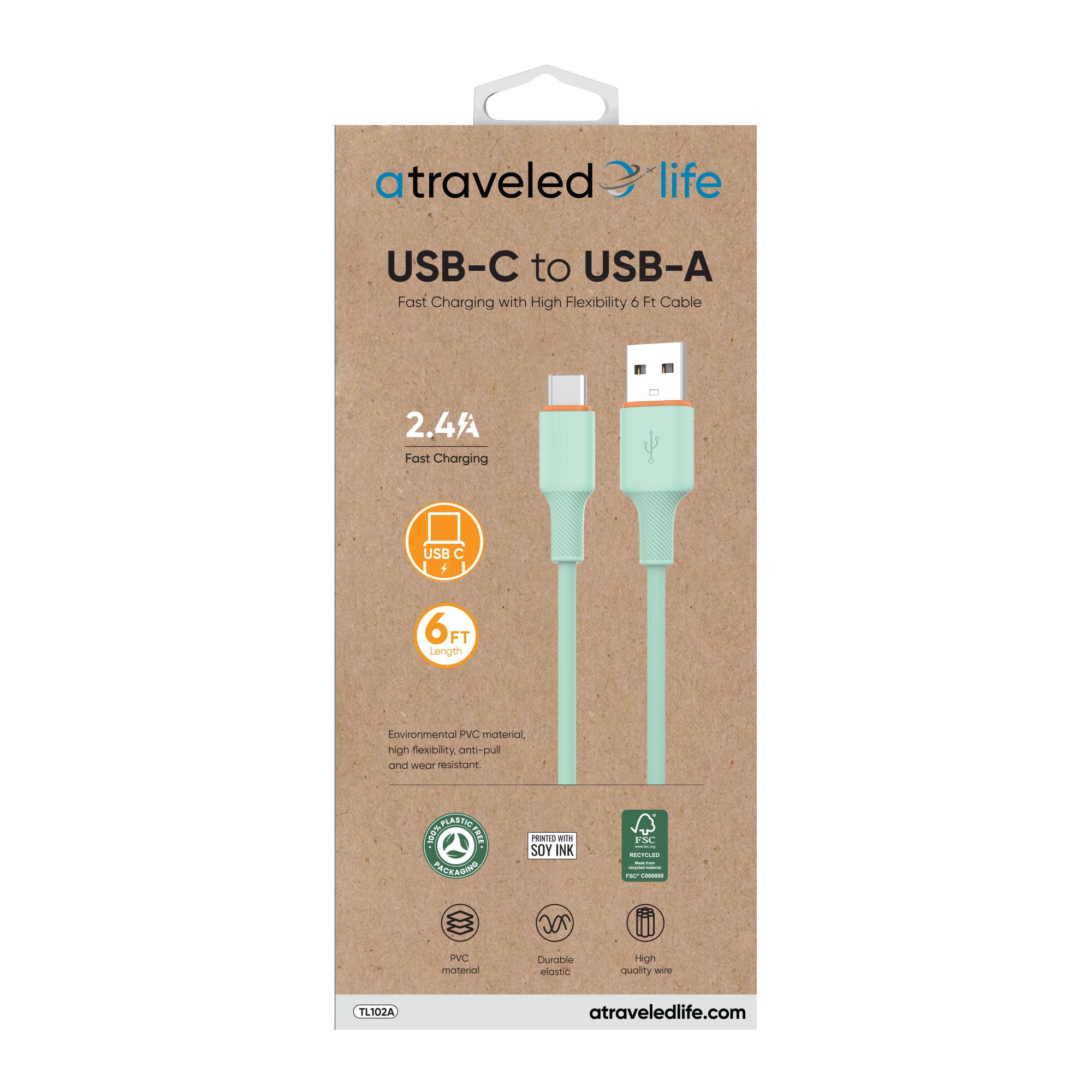 USB-C to USB-A 6ft Cable (Green)