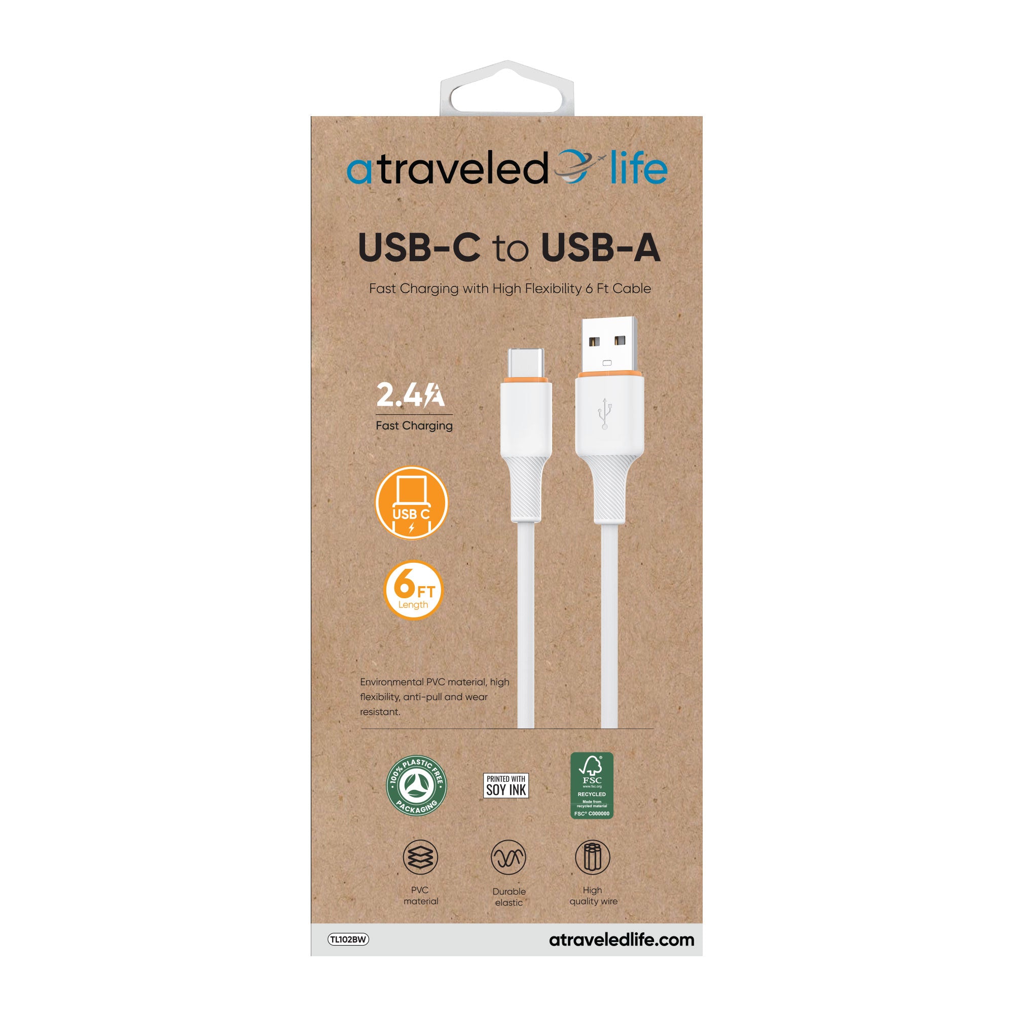 USB-C to USB-A 6ft Cable (White)
